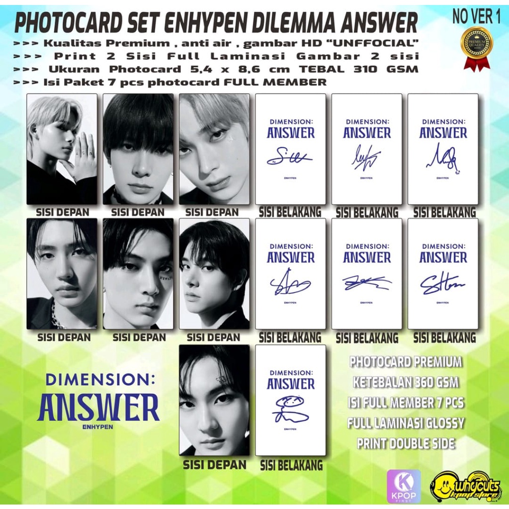 PHOTOCARDSET PC FULL SET PREMIUM ENHYPEN / DIMENSION ANSWER / STAR 1 / W KOREA PRINT 2 SISI FULL LAMINASI GOSSY 7PCS