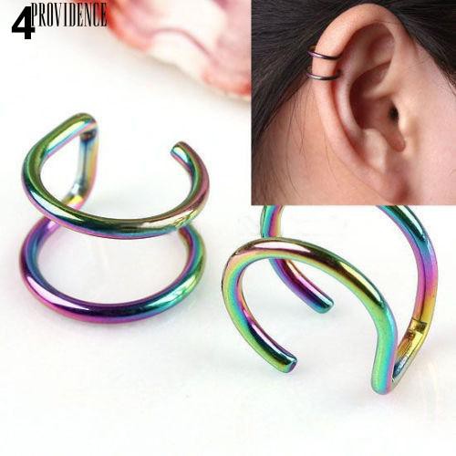 Stainless Steel 2-Row Palsu Cartilage Telinga Hidung Bibir Cuff Clip On Earrings Hadiah