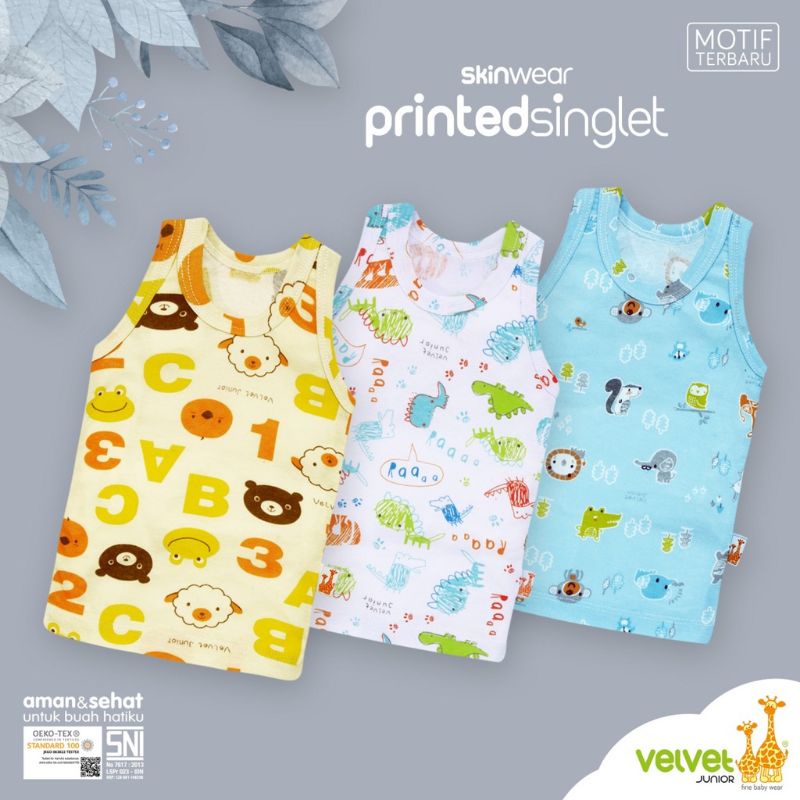 3Pcs SINGLET VELVET JUNIOR PRINT SNI , KAOS DALAM VELVET JUNIOR MOTIF FULL PRINT S ,M, L ,LB ,2 ,3