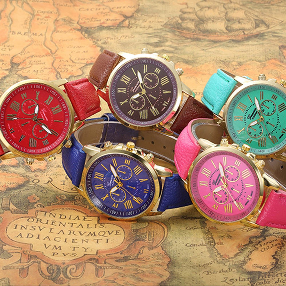 Geneva Fashion Strap Leather Jam Tangan Wanita dan Pria - Free Kacamata Keren ( Group ) - TPT_Free