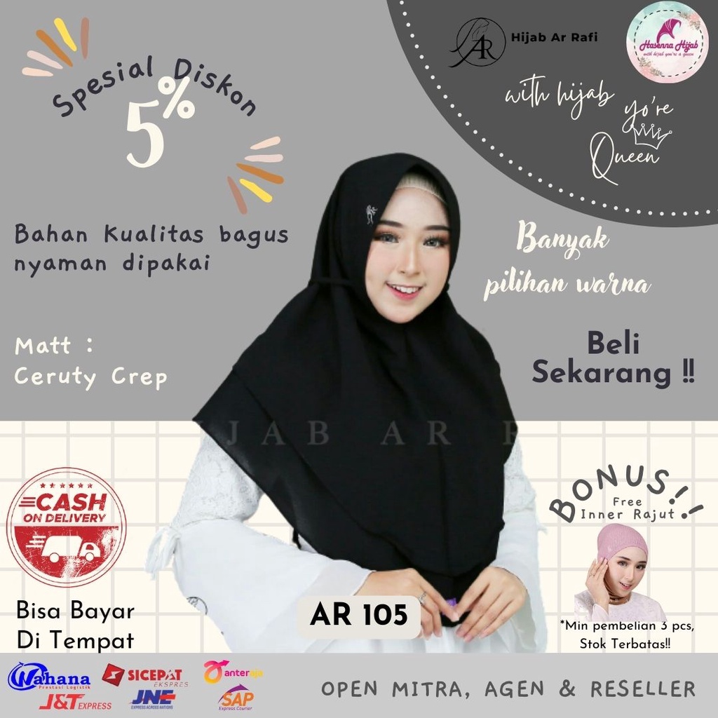 Hijab Arrafi Instant Terbaru AR 105 STD Ceruty Crep
