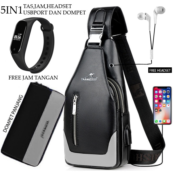 TANMESO 5IN1 BAYAR DITEMPAT- JAM LED - HEADSET- DOMPET -USBPORT -TAS WATERPROOF-BAHAN INTERPILAR SENDIRI KULIT LEMBUT DAN TEBAL MENGANDUNG 70%COTTON BUKAN PARASUT ATAU KANVAS SEPERTI YANG BEREDAR DIPASARAN-TAS SELEMPANG PRIA-SLING BAG PRIA