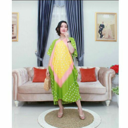 Long Daster Jumput Tieyde Rayon Halus Batwing Lowo Baju Tidur Bigsize Jumbo Pelangi Warna Cantik