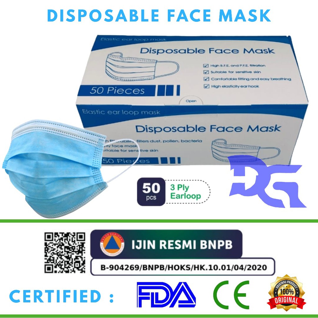 Masker Surgical/Disposable Face Mask 3 Ply Earloop isi 50 Pcs Masker
