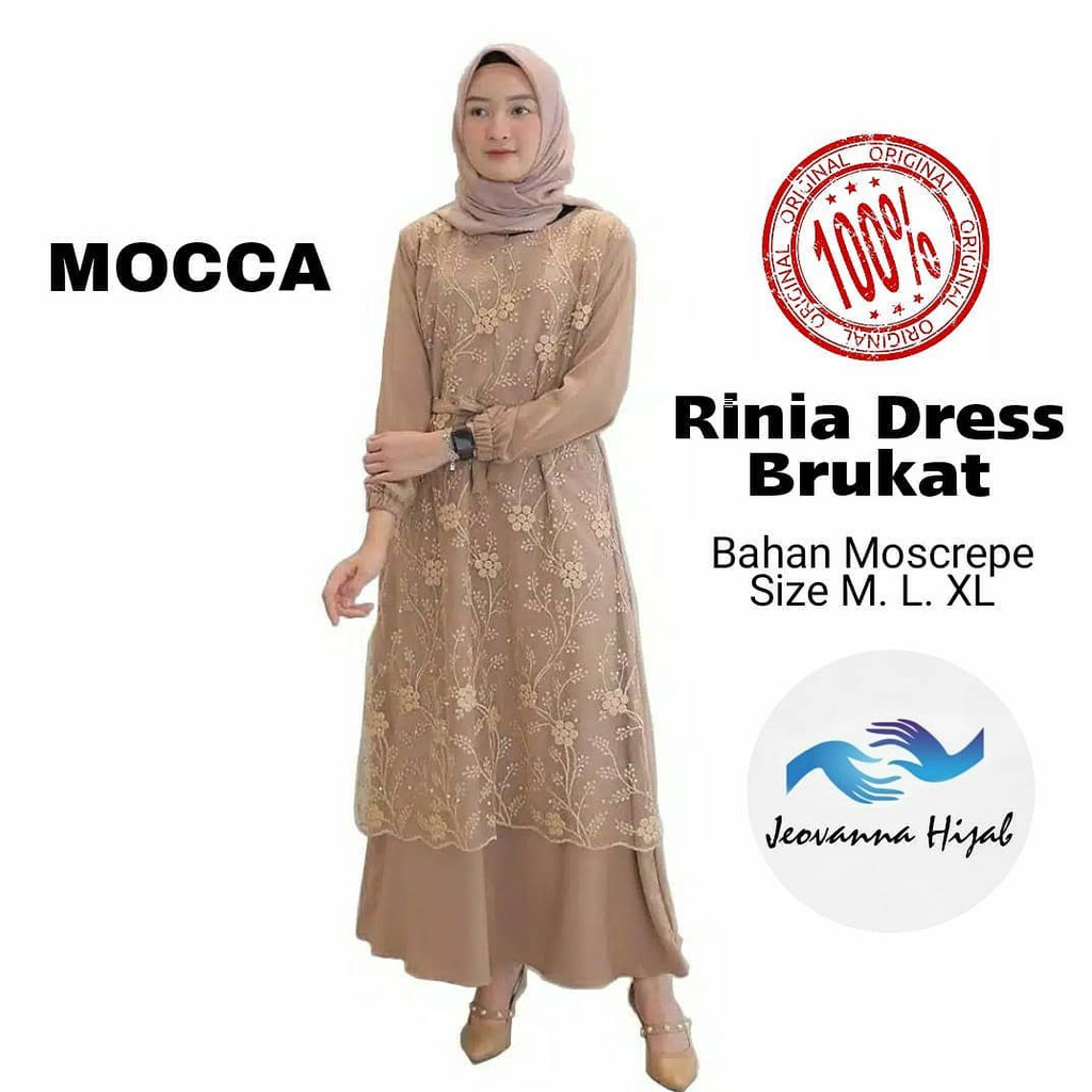 RINIA Pakaian Wanita Baju Gamis Terbaru Ukuran Jumbo Bahan Moscrepe-MOCCA