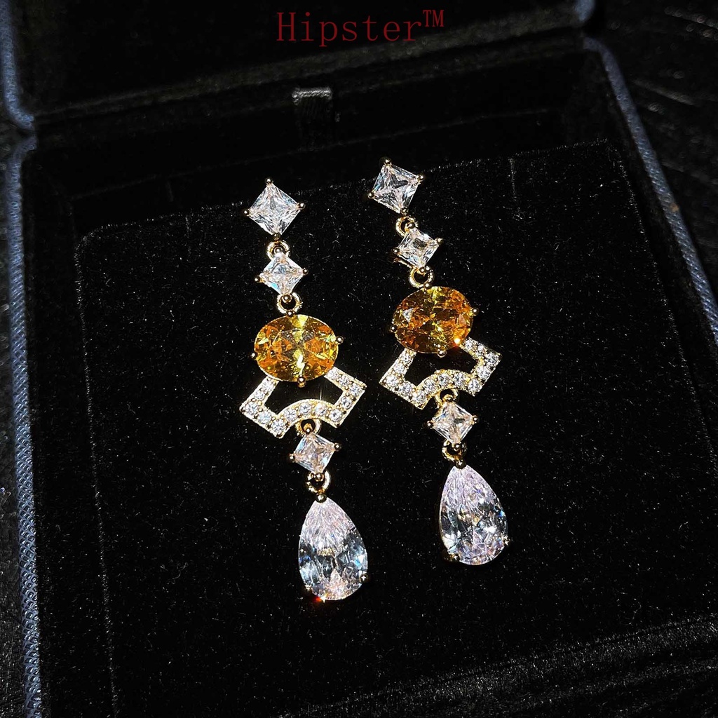 New S925 Silver Exaggerated Micro Inlaid with Diamond Blue Long Dress Gem Fan Temperamental Earrings