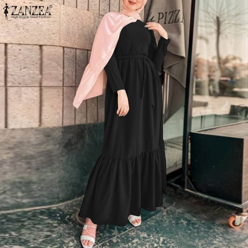 ZANZEA Women Casual Muslim Elastic Waist Belted Patchwork Maxi Dress