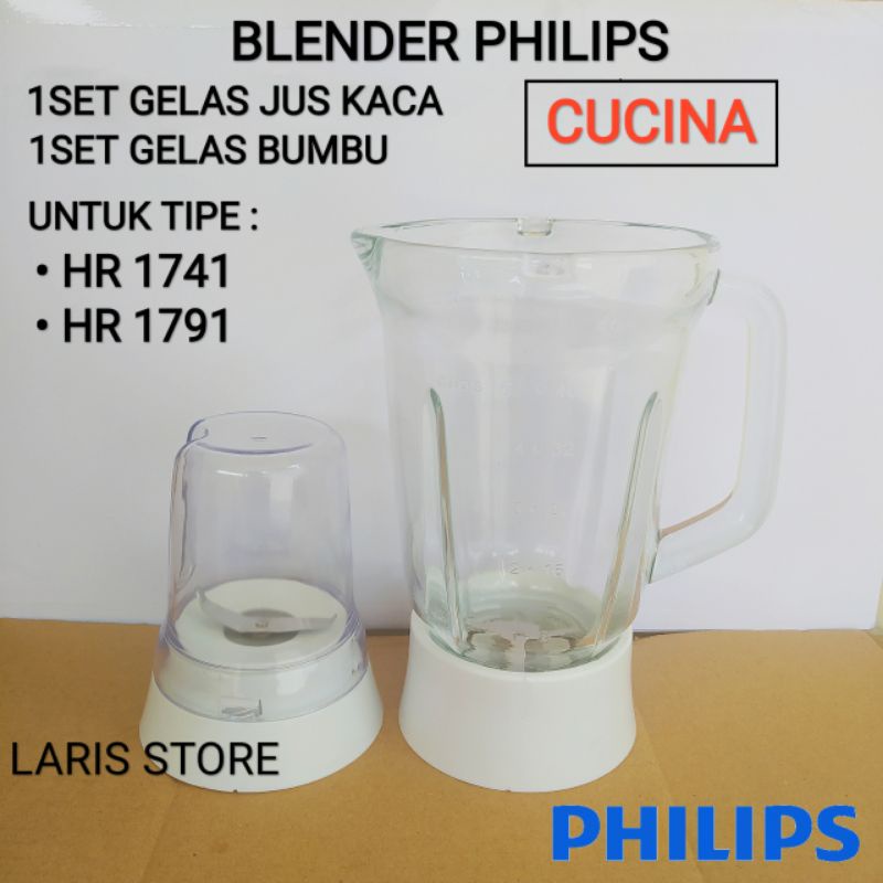 Gelas Jus Kaca 1set + Gelas Bumbu 1set Blender Philips Cucina HR 1741 HR 1791 Model Lama Jadul