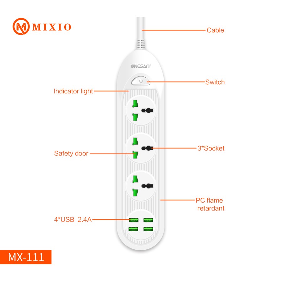 MIXIO POWER STRIP SOCKET MX-111 POWER STRIP 4USB Charger with 3 Socket 2500W