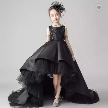 Gaun anak - Renda Hitam Tanpa Lengan Bunga Elegan Gaun Malam Pesta Anak Perempuan