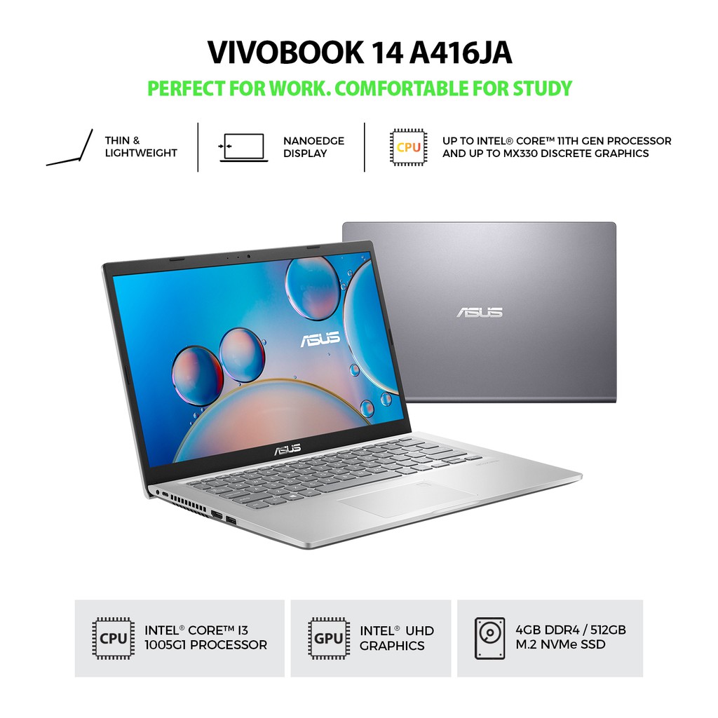 Asus VivoBook 14 A416JA - VIPS351 VIPS352 Intel® Core™ i3-1005G1 4GB 512GB SSD Win10 Home Intel® U