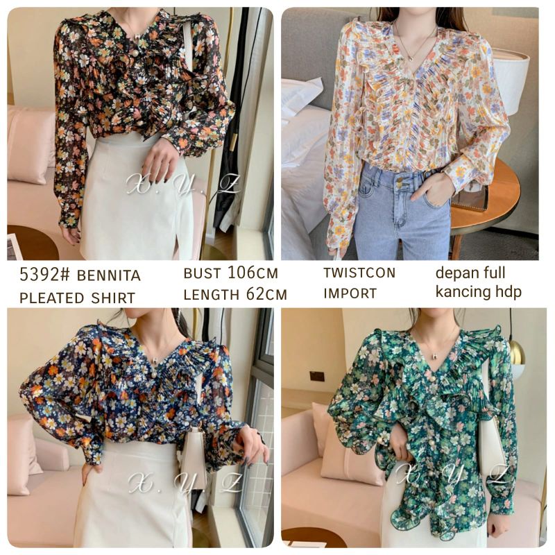 MDLV ~ 5392# Bennita Pleated Shirt Atasan Blouse Flower Korea Import