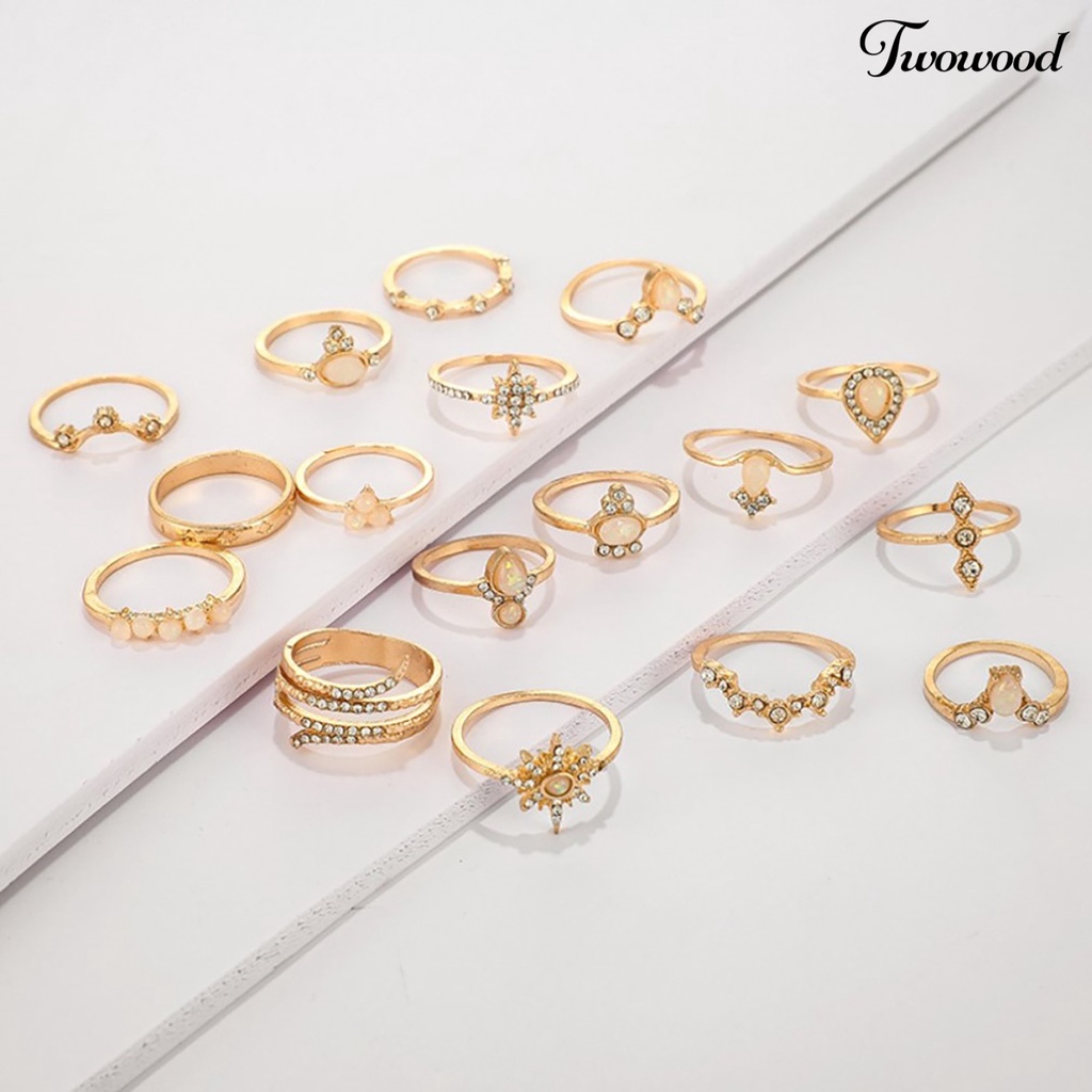 17pcs / Set Cincin Jari Permata Berlian Imitasi Gaya Bohemian Untuk Wanita