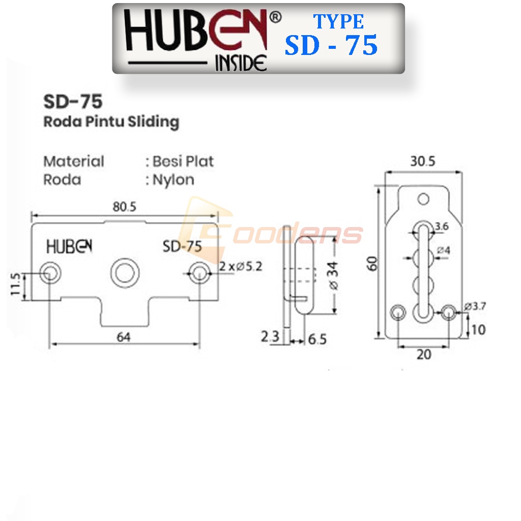 Huben SD-75 Roda Pintu Lemari Geser - Roda Pintu Sliding