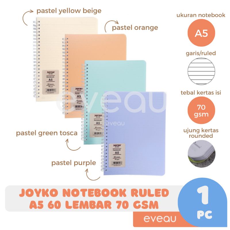 

Notebook A5 60 Lembar Cover Pastel Ruled Garis Ketebalan Kertas 70 gsm Ujung Rounded Jilid Spiral Putih Joyko NB-680 Buku Catatan Notes Diary