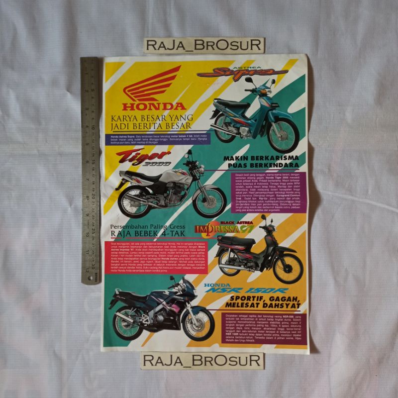 Poster brosur jadul lawas jumbo Honda line up 1997 Astrea Supra. Tiger 2000. Black Astrea Impressa. 