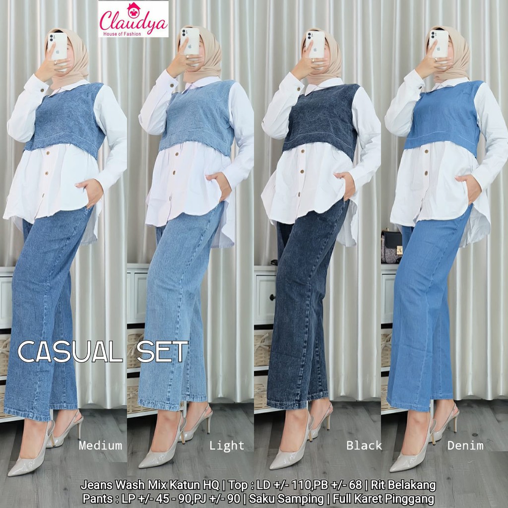 CASUAL SET BLOUSE DAN KULOT JEANS ORI CLAUDYA / ONE SET JEANS JUMBO / SETALAN BAJU WANITA JEANS