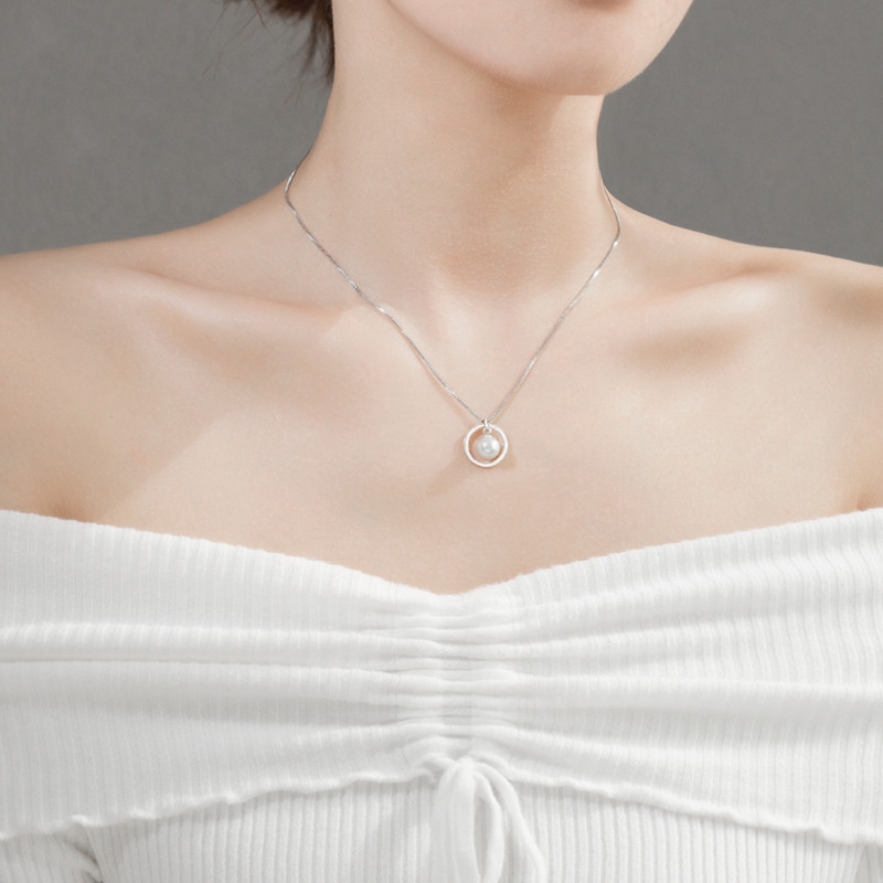 S925 Sterling Silver Kalung Mutiara Inlay Desain Kepribadian Sederhana