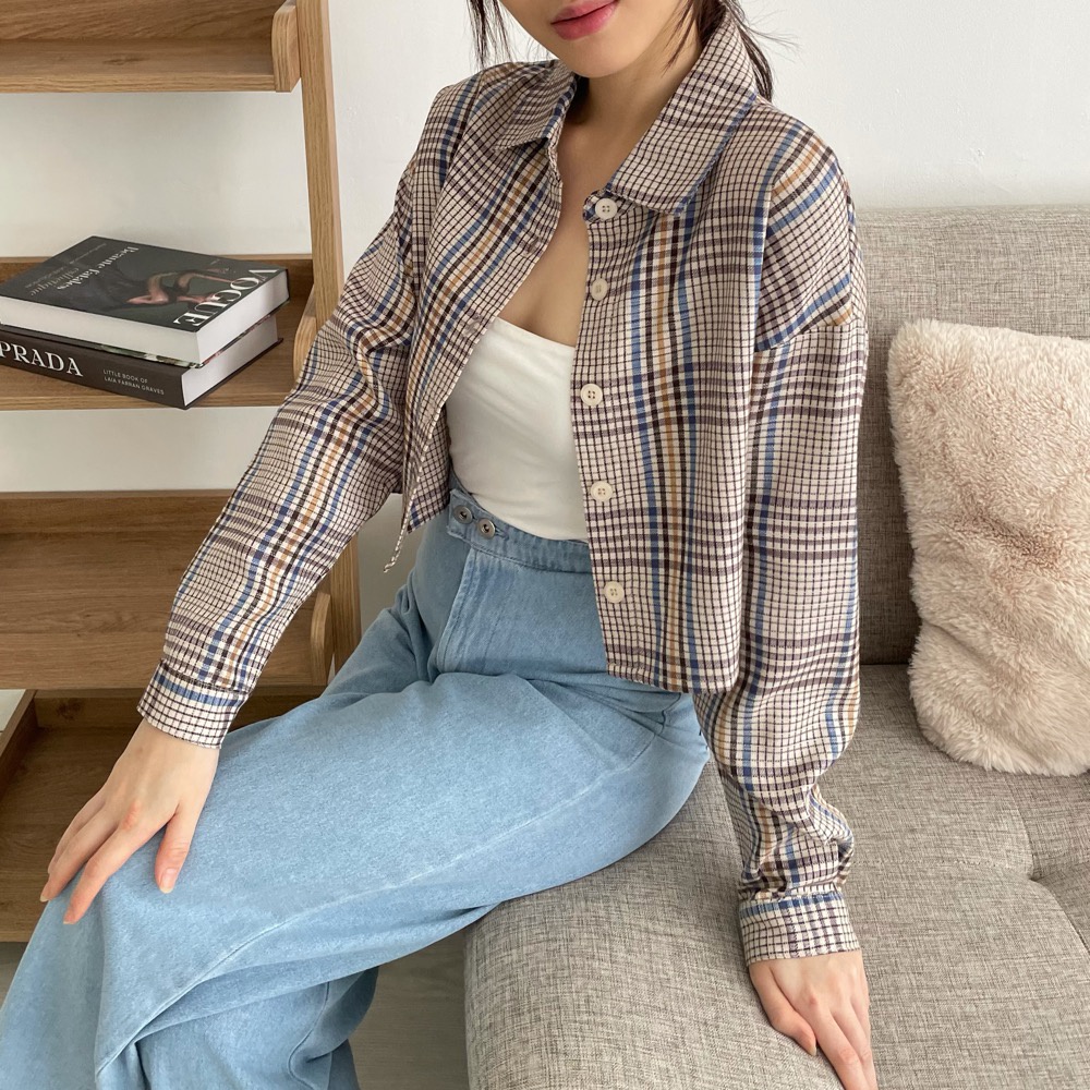 Kadaka O-0169 Plaid Crop Korean Shirt Kemeja Wanita