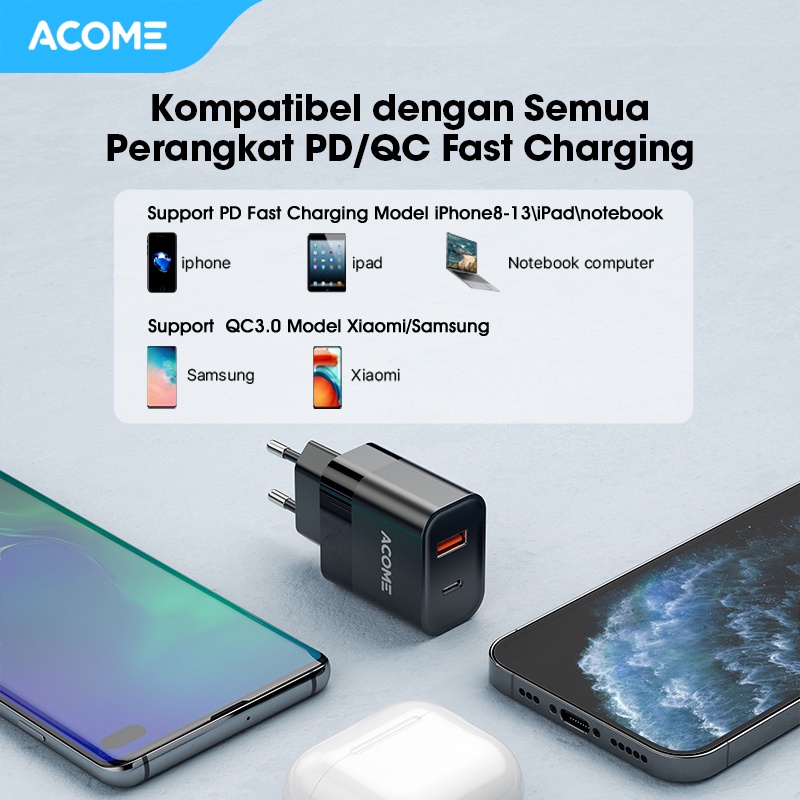 ACOME Charger GaN 30W Fast Charging PD/QC 3.0 Dual Port Support Laptop/iPad Garansi Resmi 1 Thn - ACG30 PRO