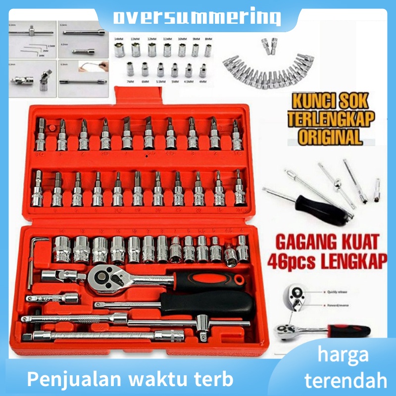 Kunci SOK 46 PC Set Socket (1/4 &quot;)  Full Lengkap Socket Tool Kit Pas Ring L Motor Mobil Lengan Sepeda Motor