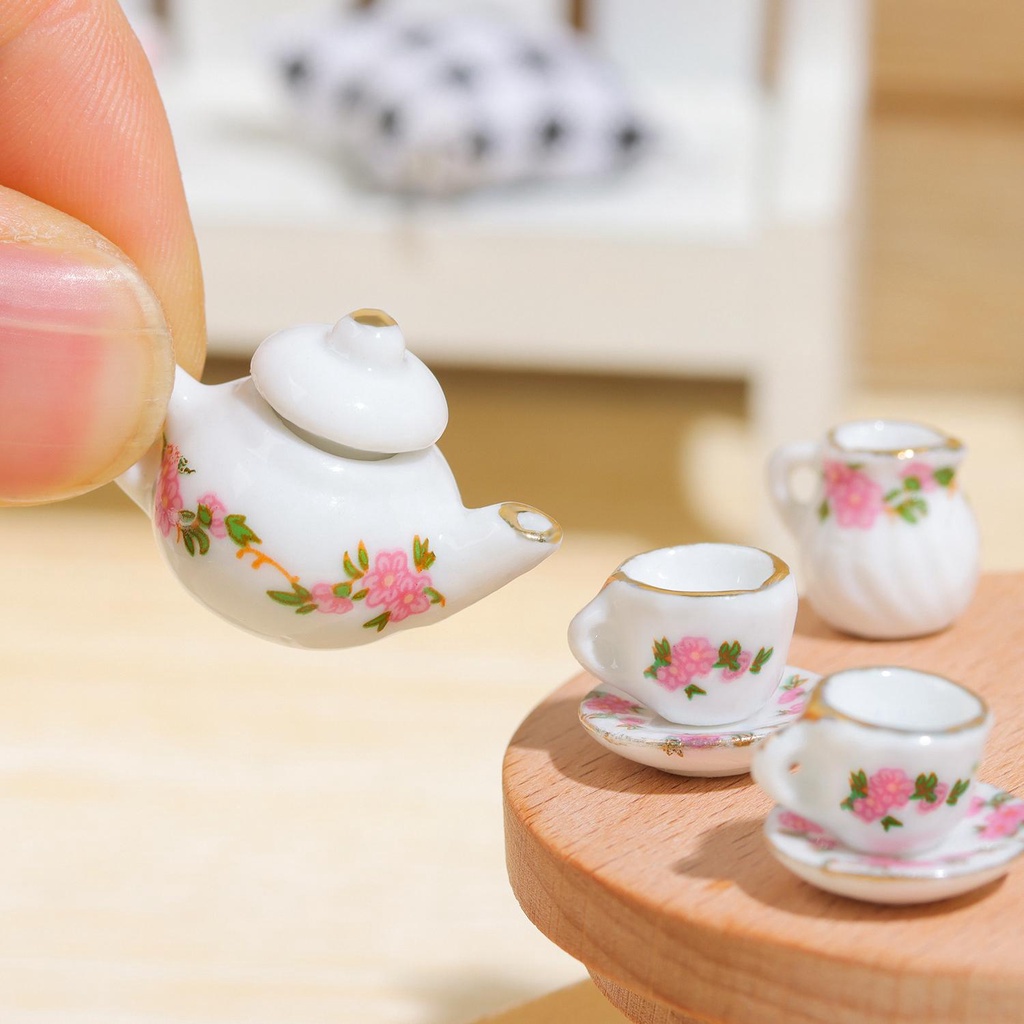 Chookyy 11pcs Set Cangkir Teh Porselen Gaya Chic Dengan Lis Emas Dekorasi Rumah Motif Bunga1Per6 1/12 Miniatur