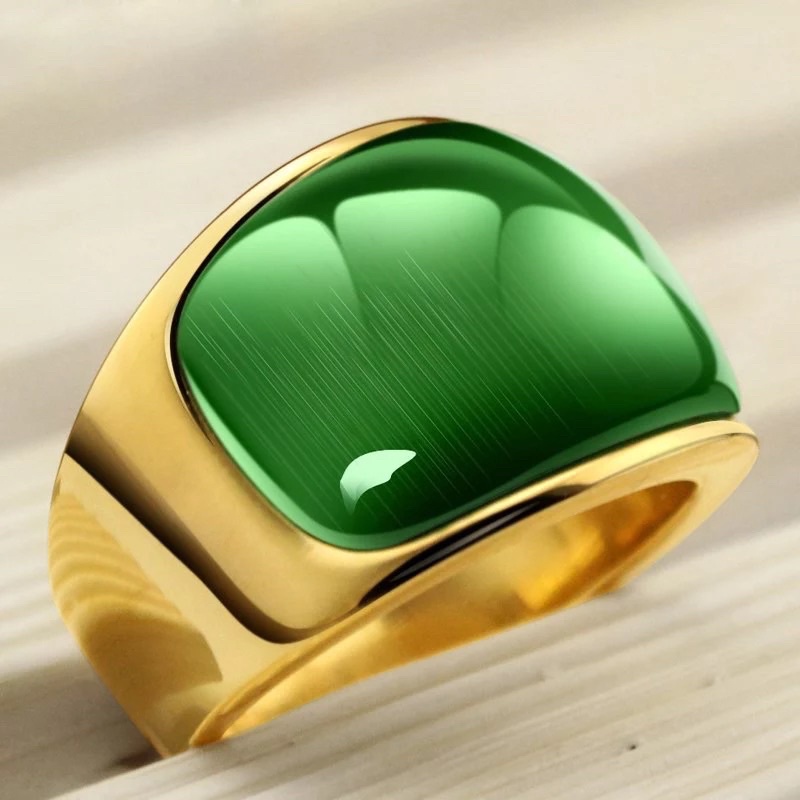 Cincin Pria Mewah Opal Hijau Cat Eye Ring Gold Titanium Stainless Steel Tahan Luntur dan Karat