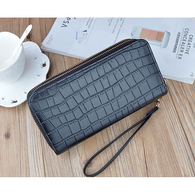 DOMPET WANITA 2 RESLETING PANJANG KULIT CROCO PREMIUM KEKINIAN HITAM BELGIAN WA332B5 PESTA KOREA TALI PENDEK KARTU REMAJA MURAH IMPORT