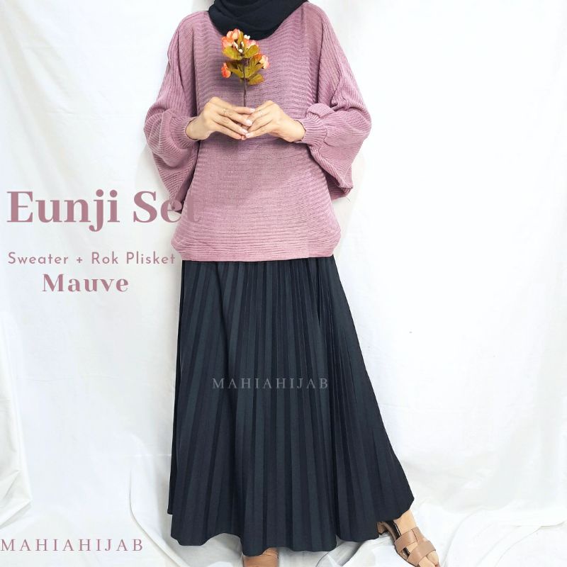 Eunji set sweater batwing + rok plisket / Outfit rajut / Setelan wanita murah / Baju rajut batwing premium