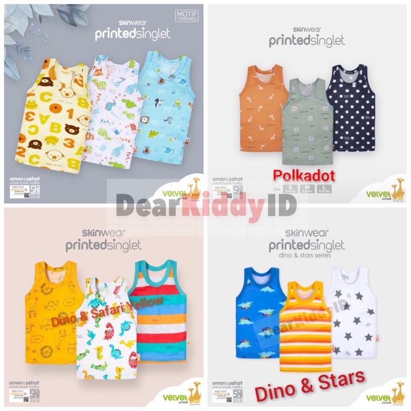 Velvet Junior SkinWear Printed Singlet (3pcs/Pack) / OBLONG Kutung PRINTING  Motif Bahan Tipis