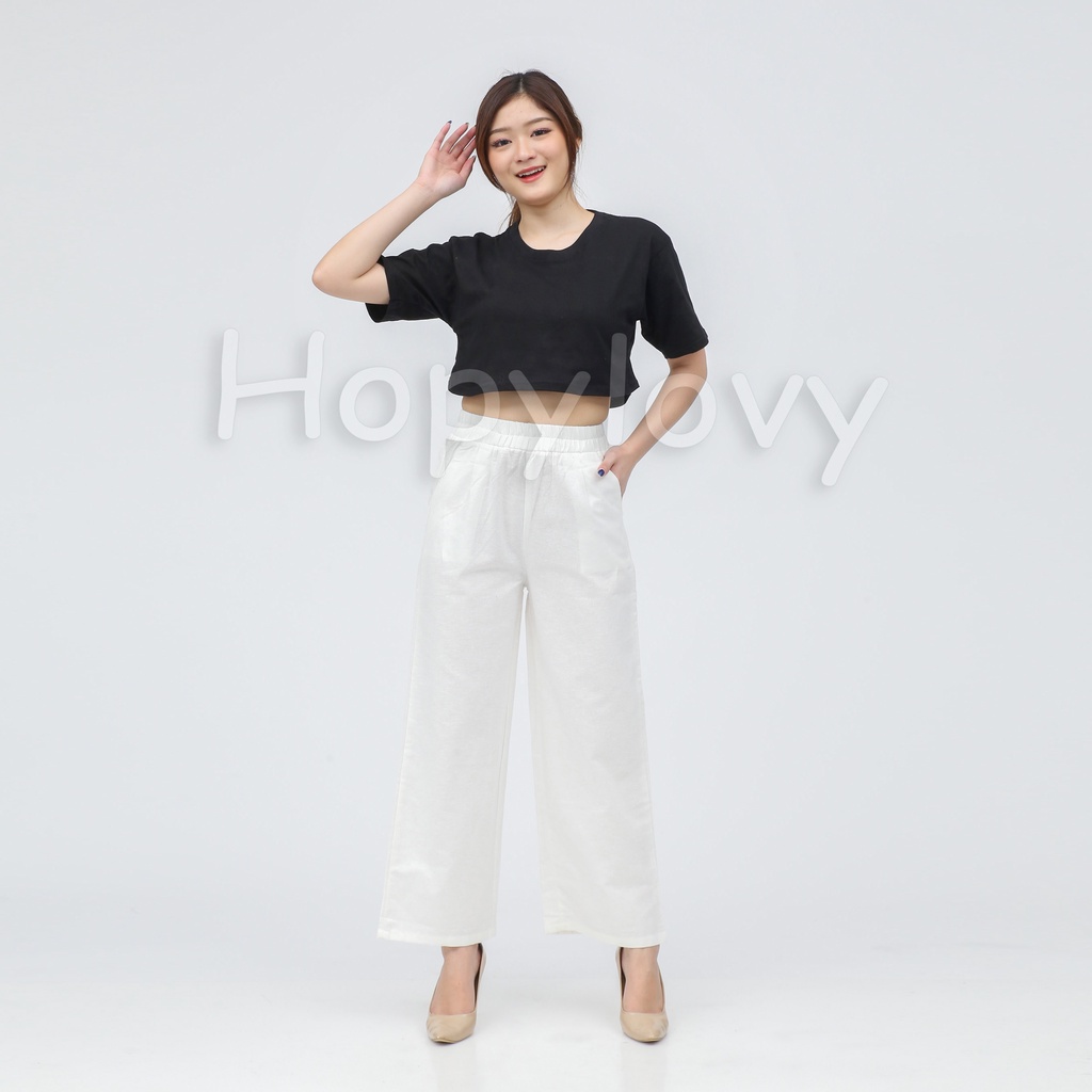 Celana Kulot Katun Linen Highwaist Pinggang Karet Viera HOPYLOVY