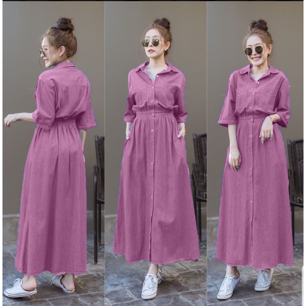 [BISA COD] MAXI JEANS DRESS GAMIS WANITA CEWEK PEREMPUAN WARNA DUSTY PINK MERAH MUDA PREMIUM QUALITY