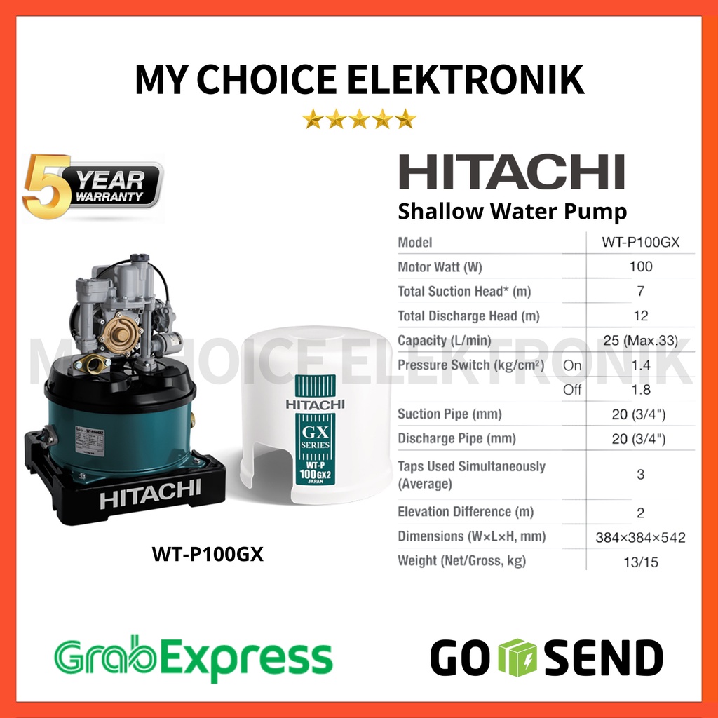 Pompa Air Hitachi WT-P100GX - Pompa Dorong Otomatis