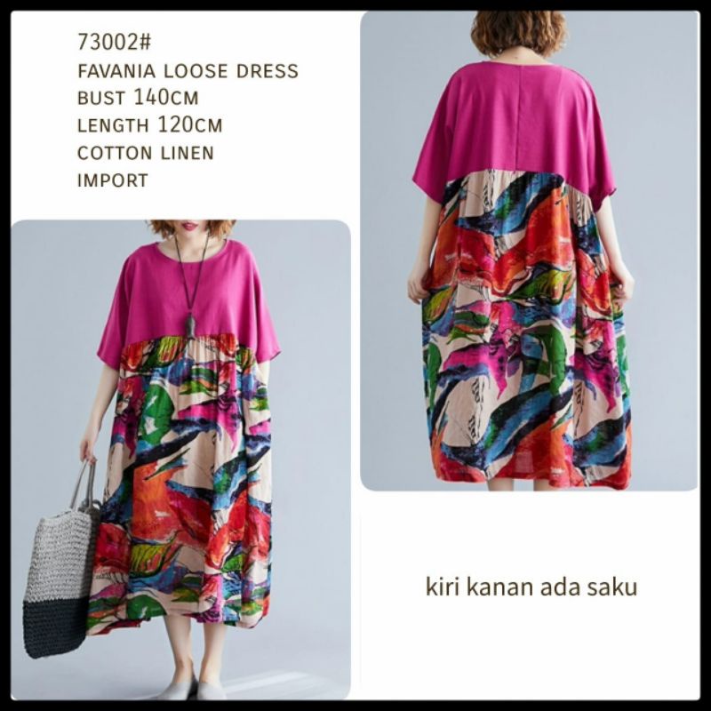 Dress Jumbo ld 140 Favania 73002 Import | Baju Oversize Wanita Korea Full Linen | Atasan Panjang Plu