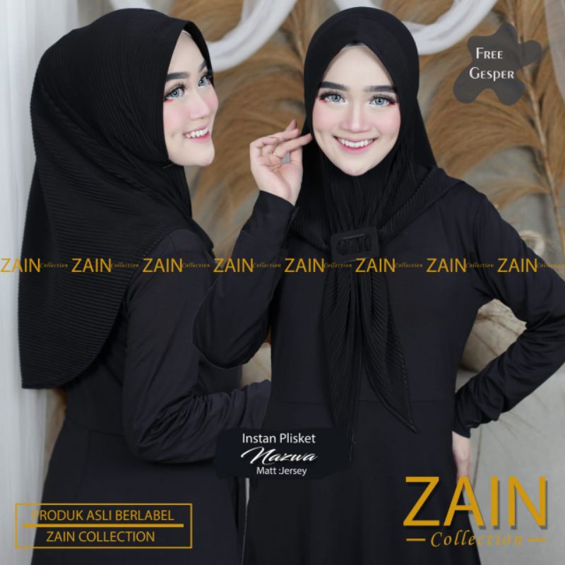 Jilbab Instan Plisket Nazwa Free Belt Ori Zain Collection-Hitam