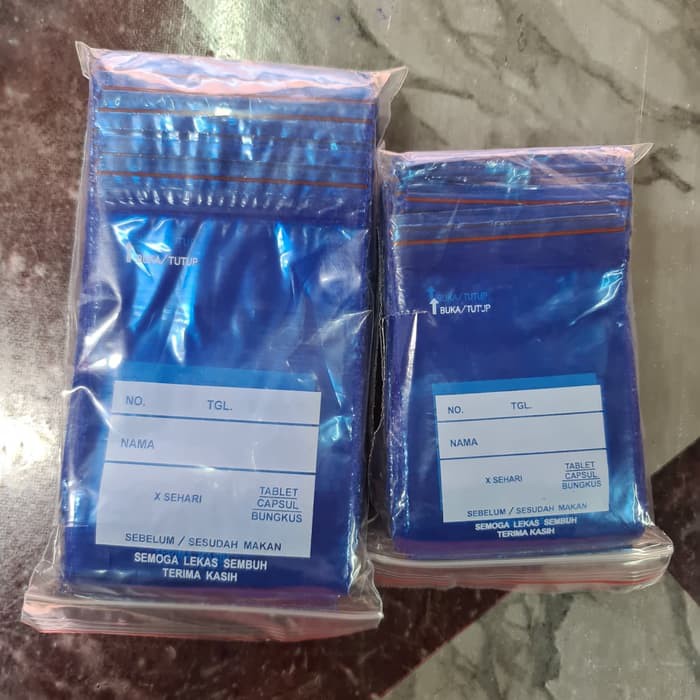 

Plastik Klip Obat Biru Sablon 8.7x13cm / Pak isi 100 lbr