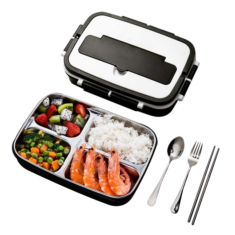 Japan Bento Lunch Box Stainless 4 Grids + Lunch Bag + Set Cutlery / Kotak Makan Stainless