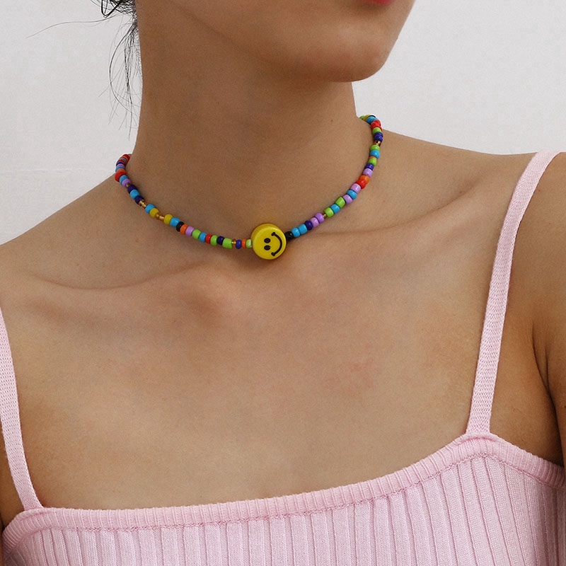 Bohemian Choker Necklace Women Girls Colorful Rice Beads Bohemian Necklace Smile Face Pendants