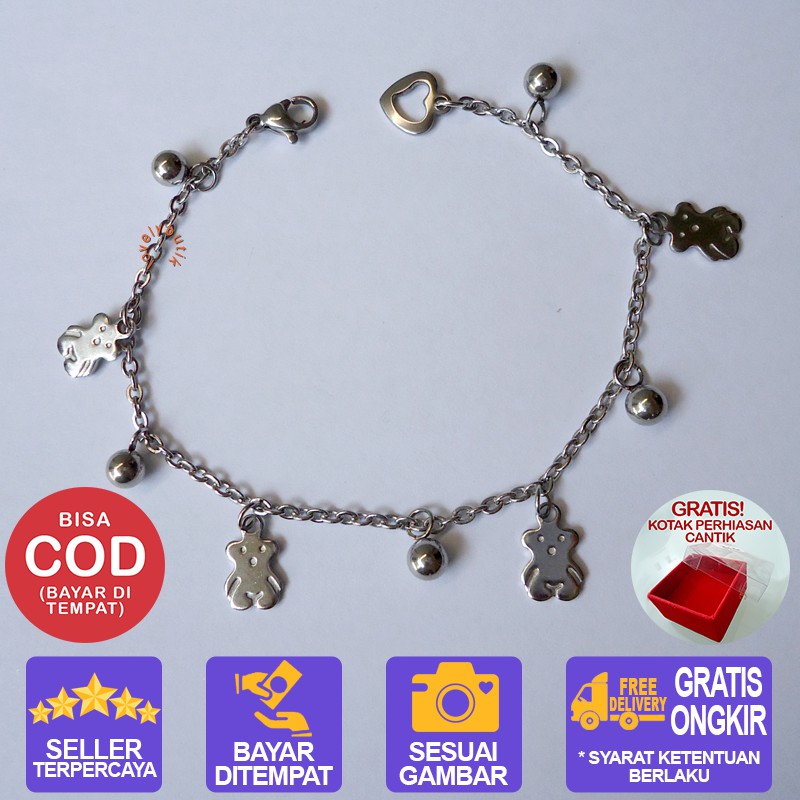 Lovelybutik Gelang Tangan Titanium Teddy Bear Gelang Tangan Wanita Titanium BONUS KOTAK PERHIASAN