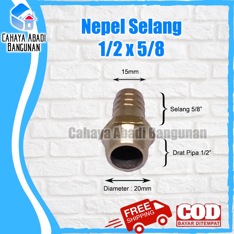 Nepel Selang 1/2 x 5/8 Inch Drat Luar Kuningan Sambungan Hose