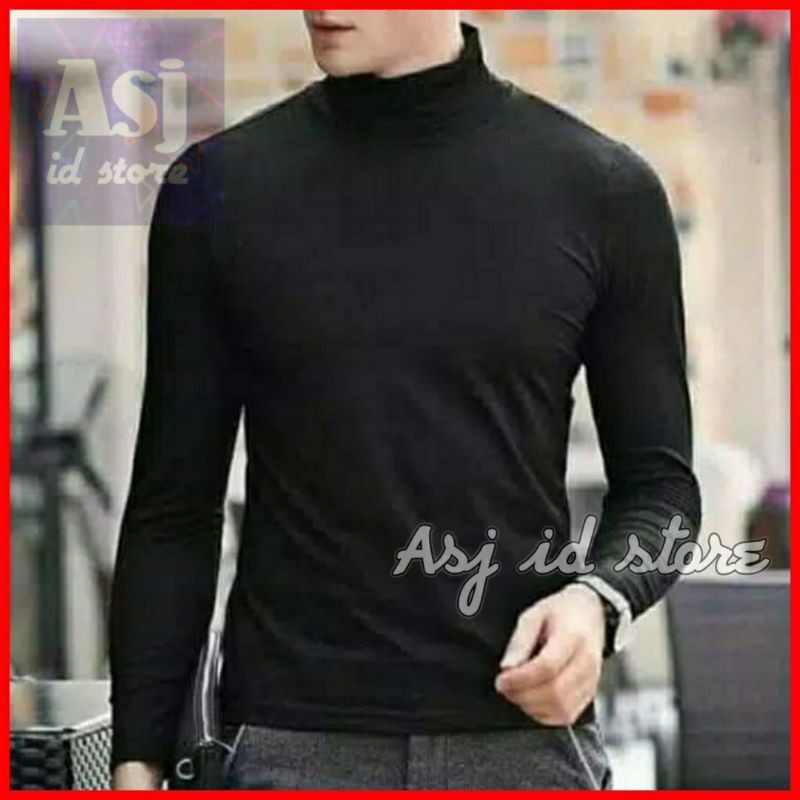 BAJU KOREA TURTLENECK HITAM - Kaos polos pria lengan panjang kerah tinggi turtle neck distro