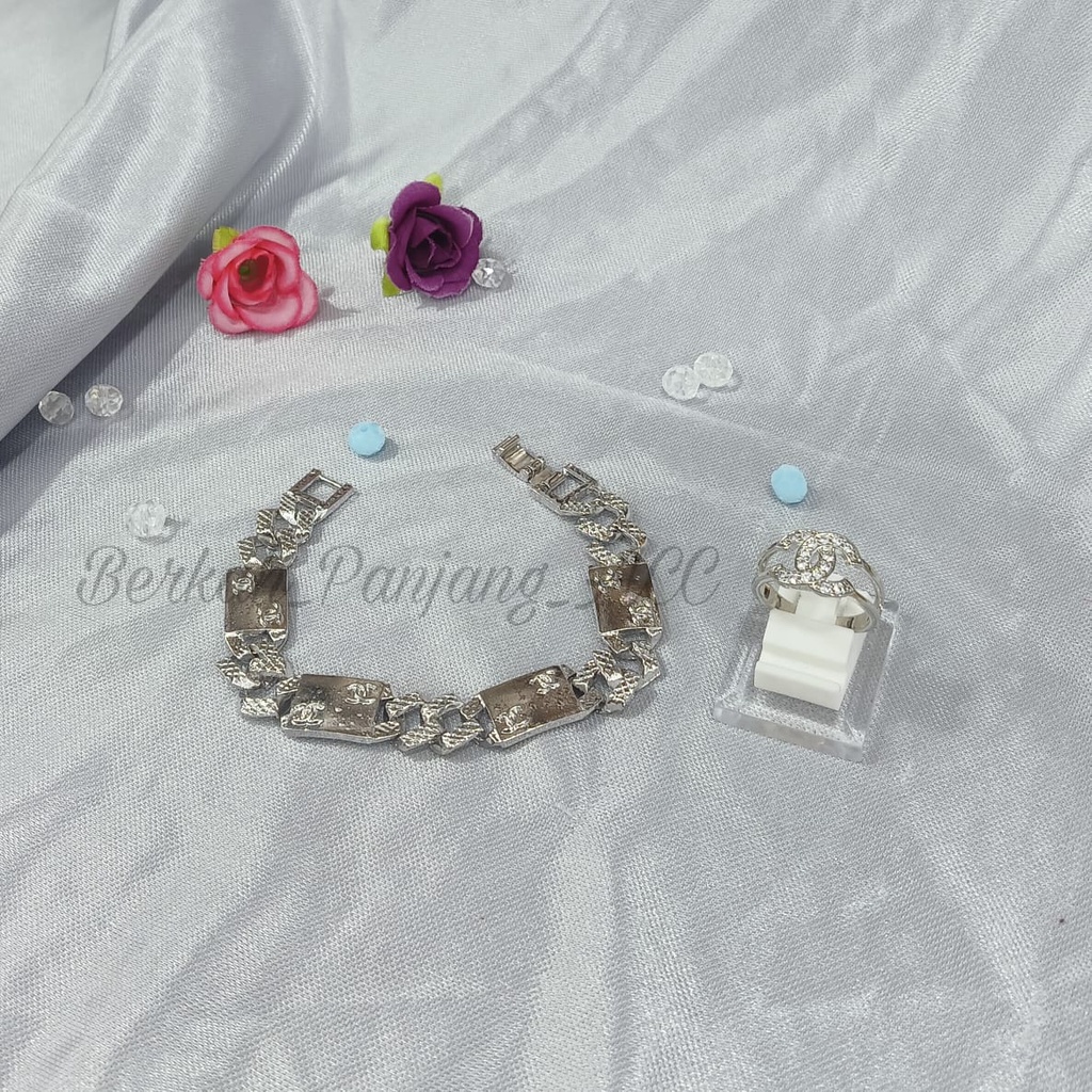 SET DEWASA LOGO BRAND SILVER perhiasan super berkelas fashion korea anti karat dan anti luntur