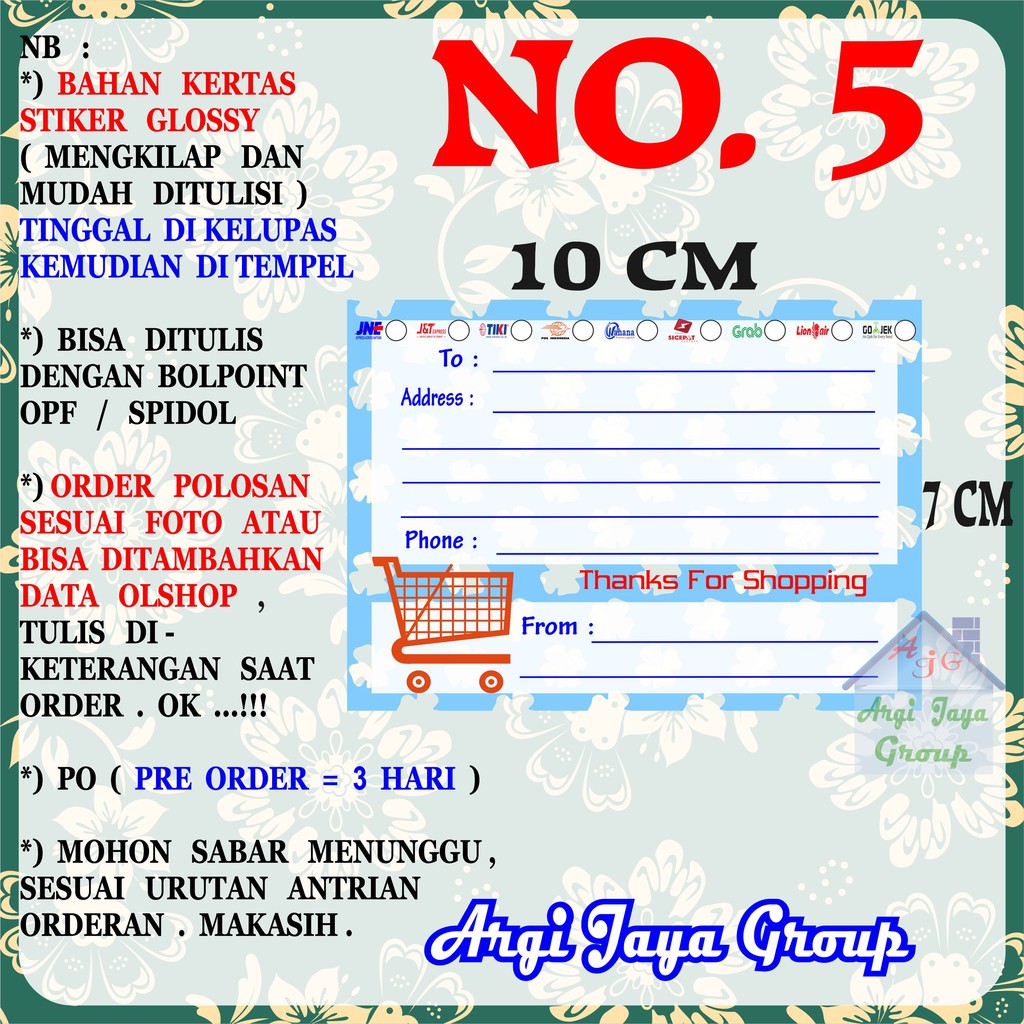 

Stiker Pengiriman - Sticker Alamat Olshop Murah Nomer 5 - 10x7 cm - Glossy