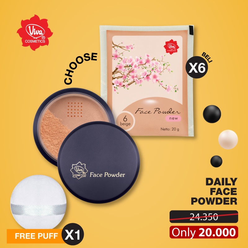 Paket Face Powder Bedak Biru 6 Zak 20 gram Make Up Puff Viva