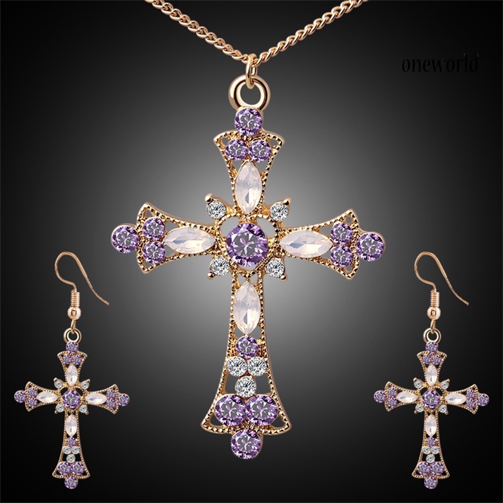 OW@ Women Rhinestone Inlaid Cross Pendant Chain Necklace Hook Earrings Jewelry Set