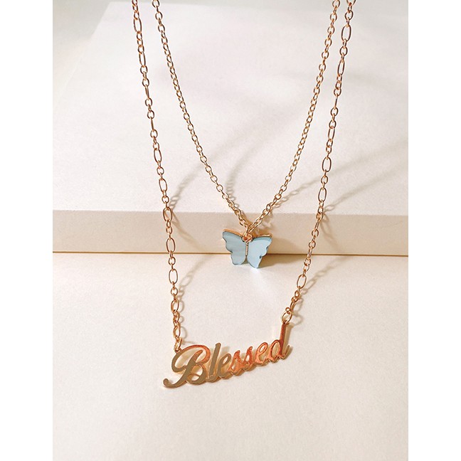 LRC Kalung Wanita Fashion Butterfly Letter Resin Alloy Multilayer Necklace K43611