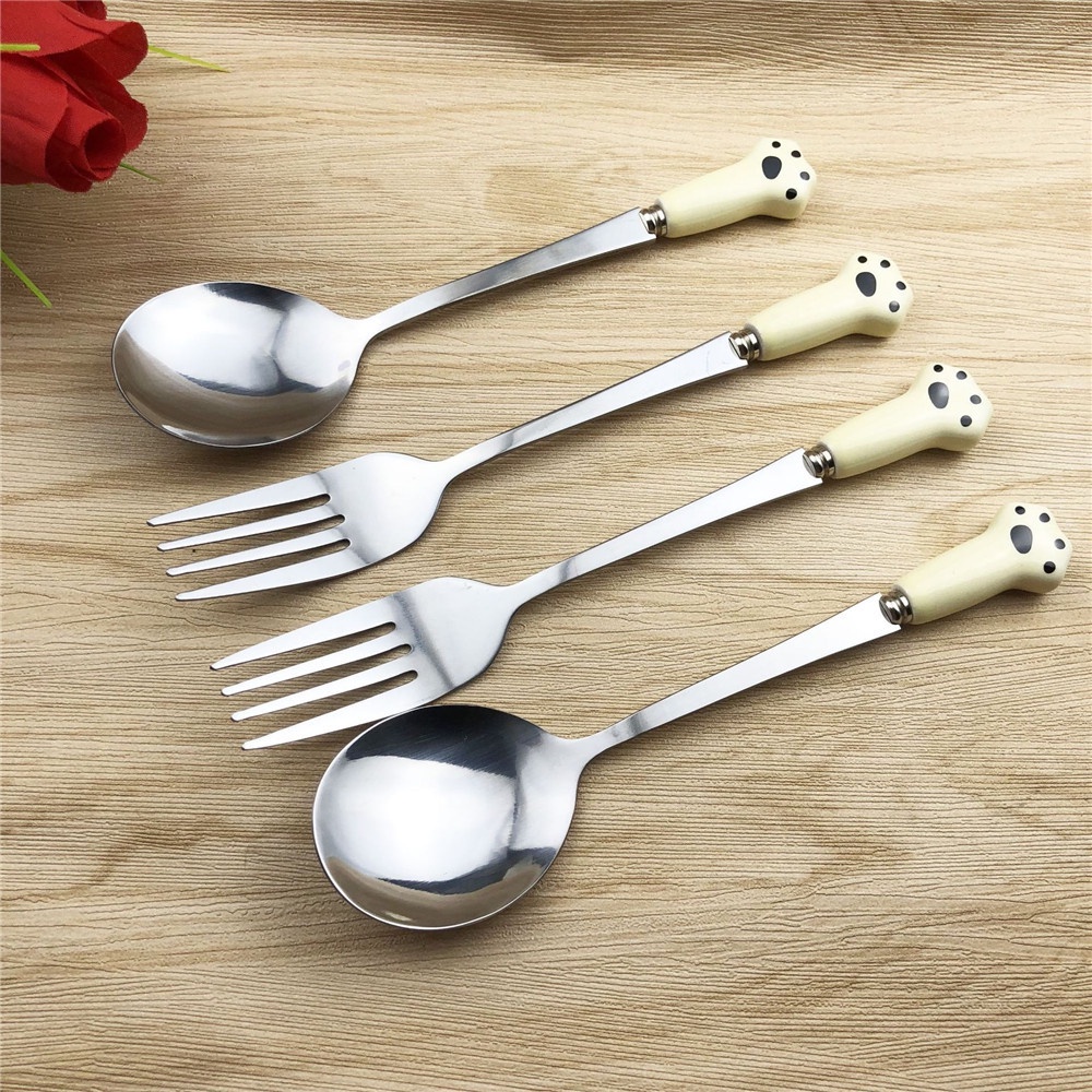 【COD Tangding】Stainless Steel Cartoon Ceramic Handle Cat Claw INS Simple Breakfast Spoon Dessert Cake Fruit Spoon Fork