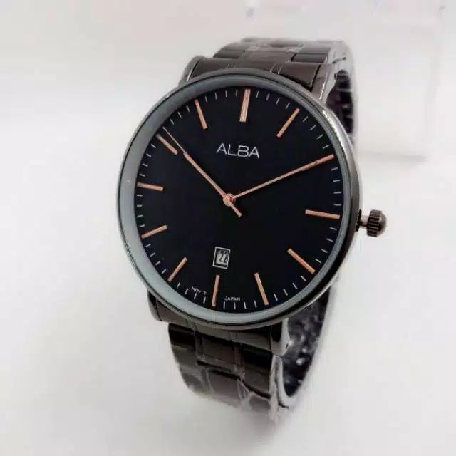 Jam Tangan Pria Alba Rantai Body Bulat Tanggal Aktif Knop Gerigi