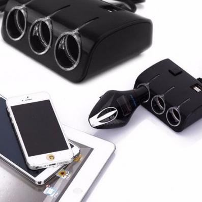 ♥ Charger Mobil 3 Colokan Lubang lighter 2 Colokan USB 3 Warna Hitam ✪