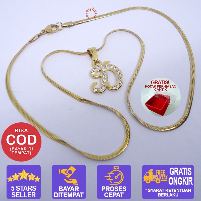 Lovelybutik Honey Kalung Huruf Titanium Anti Karat Inisial D Uk 45 cm BONUS KOTAK PERHIASAN